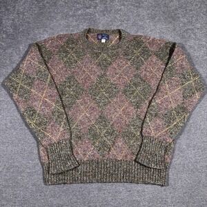 Vintage Argyle 100% Wool Sweater Men's XL Brown Red Diamonds 80's Grandpacore